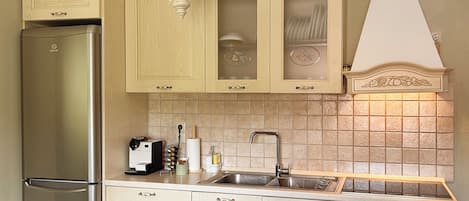 Fridge, oven, coffee/tea maker, toaster