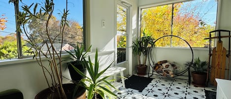 A sunlit room with a star-patterned floor, a green sofa, and multiple potted plants.