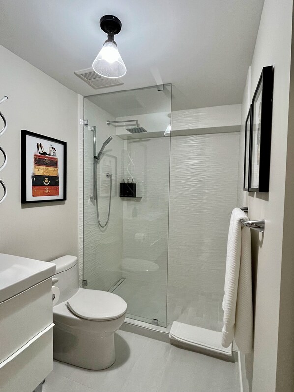 A modern bathroom with a glass-enclosed shower, a toilet, and a sink. - Lake and the City Bed and Breakfast (West Kelowna)
