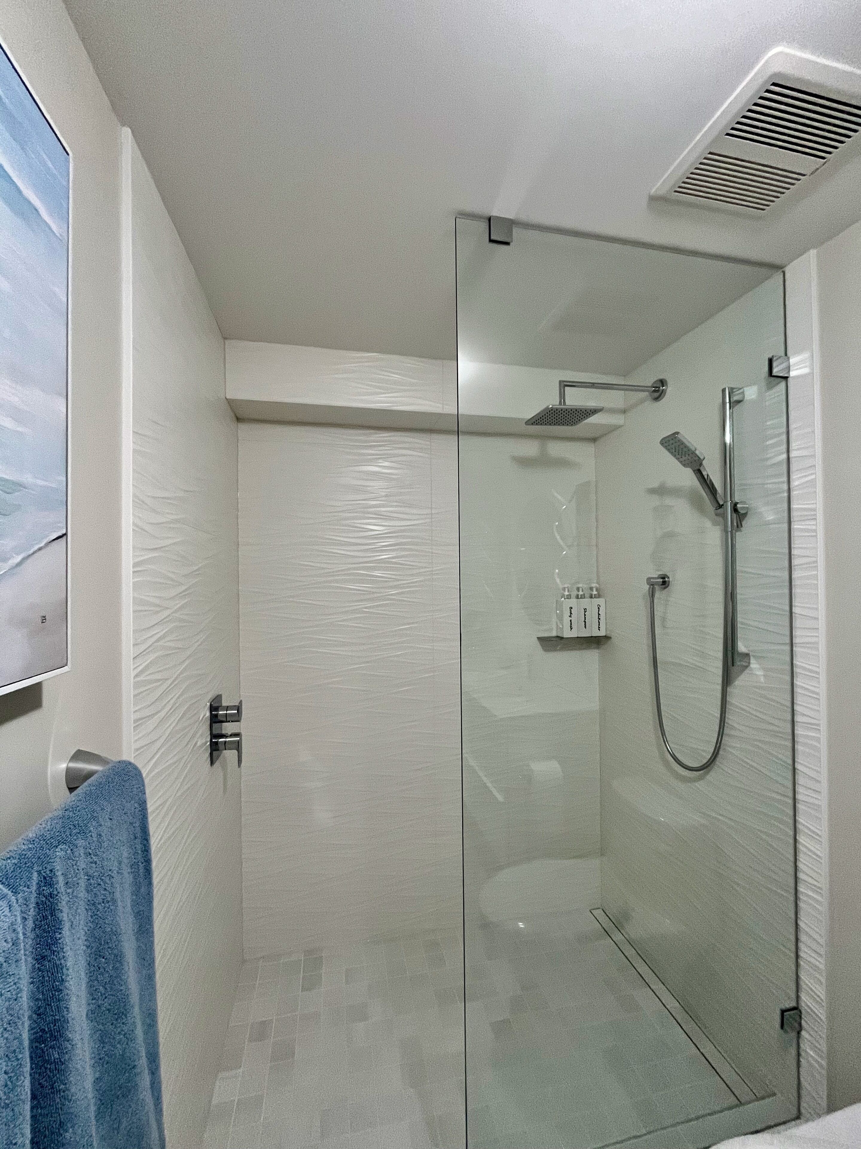 A modern bathroom with a glass-enclosed shower, a handheld showerhead, and a wall-mounted faucet.