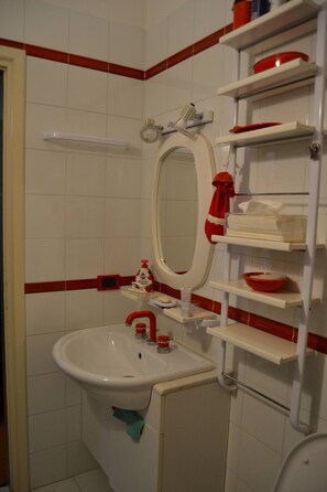 Een douche, een haardroger, een bidet, handdoeken