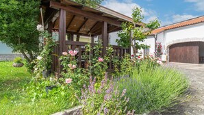 A rustic wooden pergola with climbing roses and lavender in a garden setting. - Lovely apartment in Divaca with WiFi (Divaca)