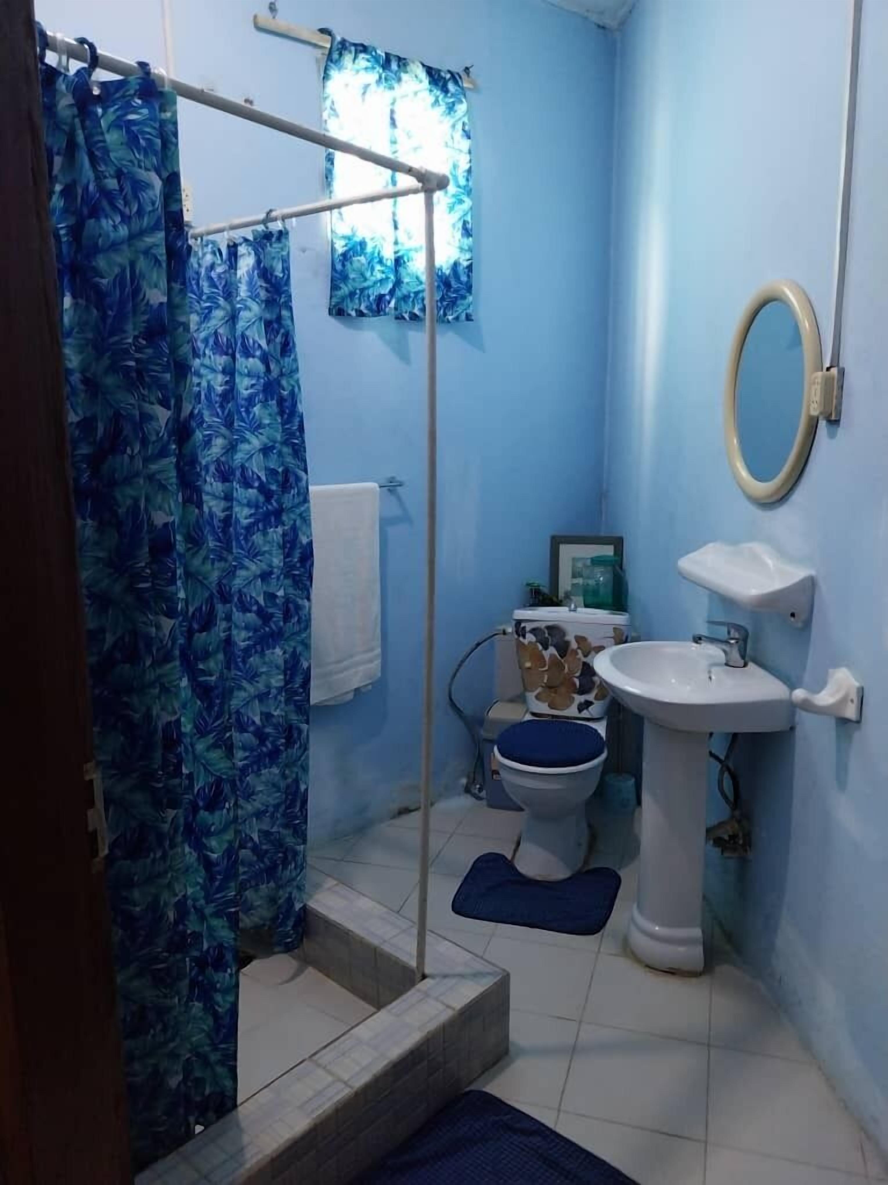 Et badeværelse med toilet, håndvask og bruseforhæng.