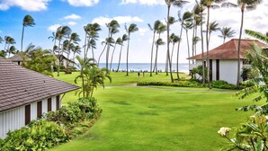 Un resort con un césped bien cuidado, palmeras y vista al océano.