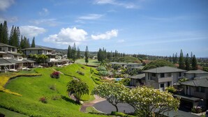 A residential area with modern houses, a golf course, and a large tree in the foreground.