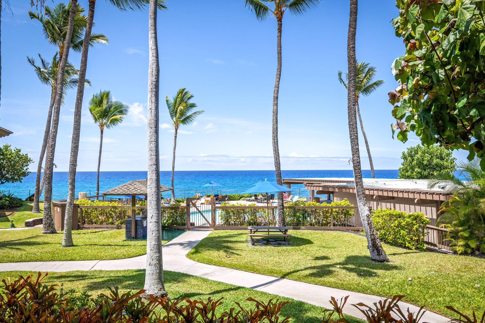 A resort with palm trees, a pool, and a view of the ocean.