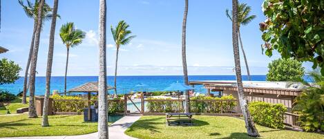 A resort with palm trees, a pool, and a view of the ocean.