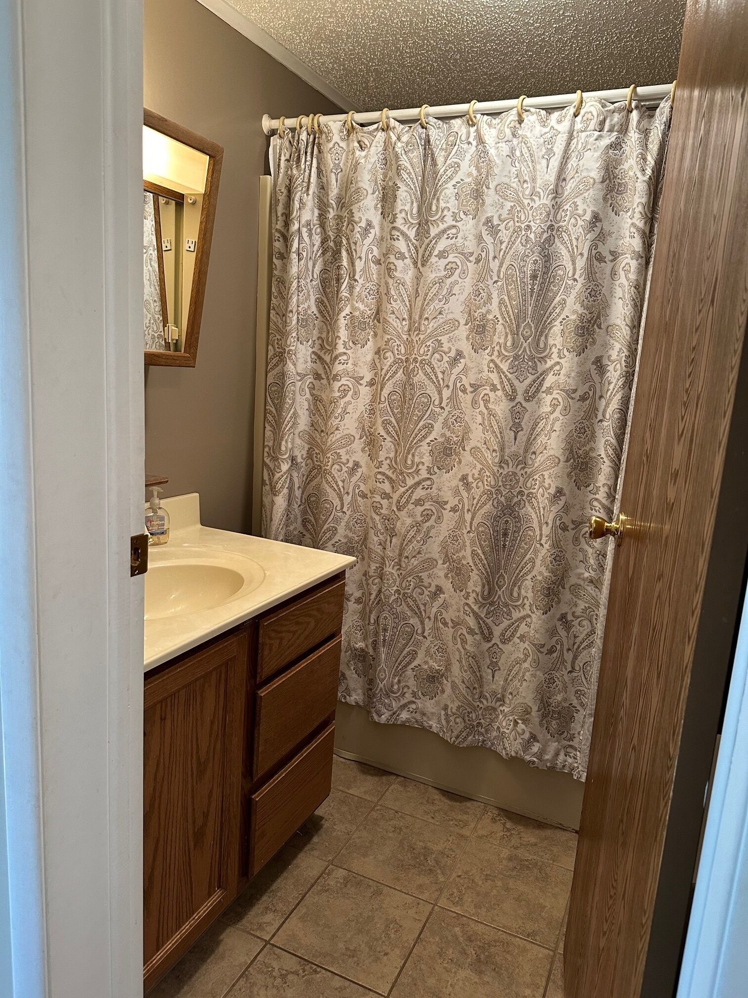 A bathroom with a vanity, a mirror, a shower curtain, and a door.