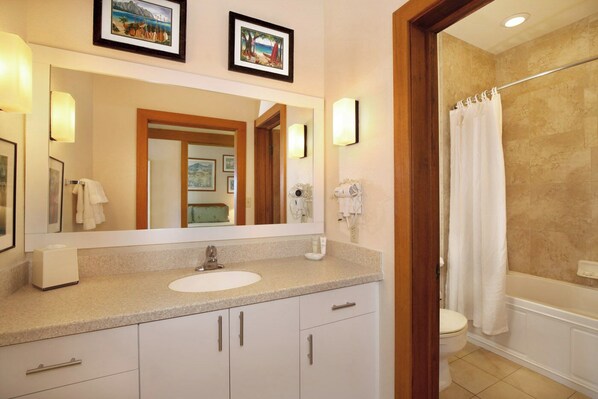 Hair dryer, towels, soap, shampoo