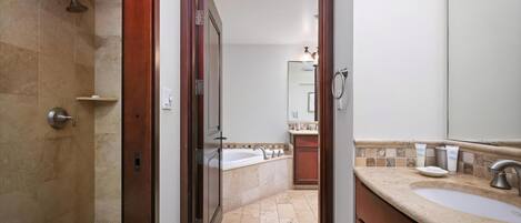 Hair dryer, towels, soap, shampoo