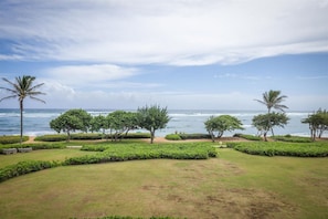 A landscaped garden with palm trees and shrubs, a pathway, and a view of the ocean. - Waipouli Beach Resort Oceanfront 1 BD 2 BA (Kapaa)