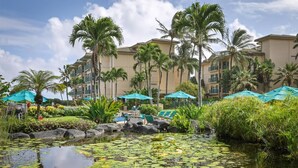 A hotel pool area with palm trees, lounge chairs, and umbrellas.