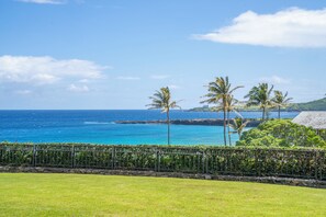 A coastal view with a clear sky, a grassy area, and a fence. - Kapalua Bay Villa 19G4 Gold Oceanfront 1 Bedroom (Lahaina)
