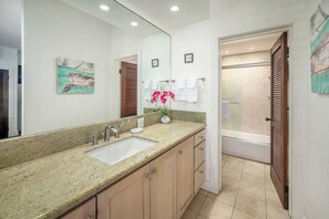 Hair dryer, towels, soap, shampoo