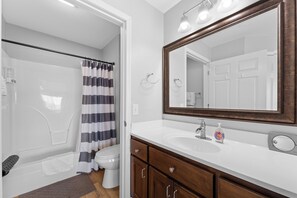 Hair dryer, towels, soap, shampoo