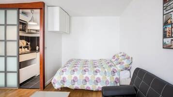 Une petite pièce, bien rangée, comprenant un lit, un canapé et un coin cuisine.