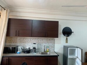 Kitchen area with microwave, kettle, blender, sink, and refrigerator for quick meal preparation.