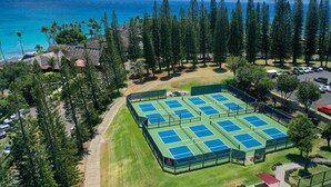 Vista aérea de un complejo de canchas de tenis con varias canchas, rodeado de árboles y un estacionamiento.