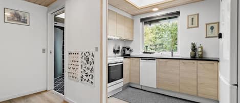 Fridge, stovetop, dishwasher, coffee/tea maker