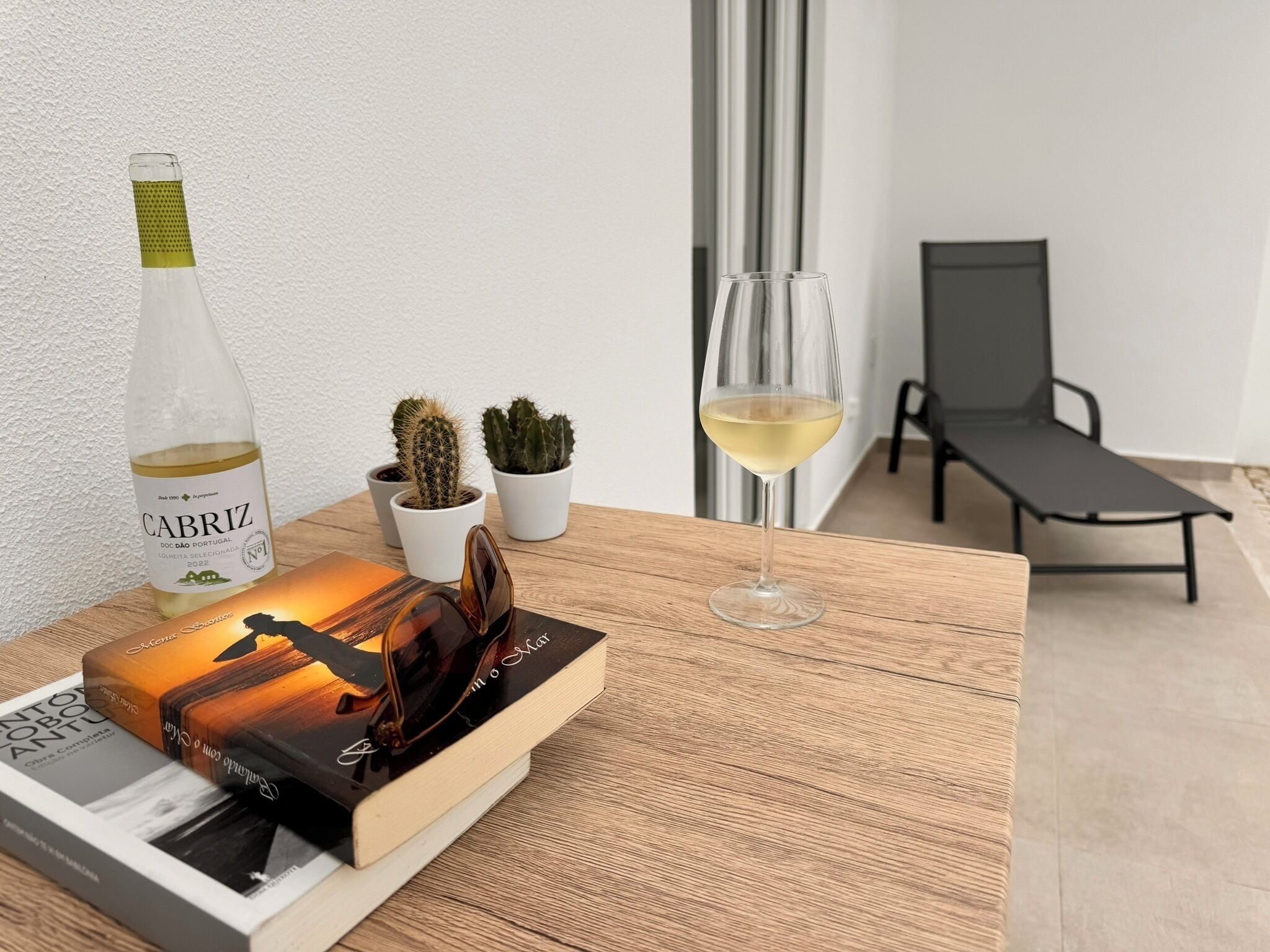 Un tavolo con una bottiglia di vino, un bicchiere di vino, un libro e due cactus in vaso.