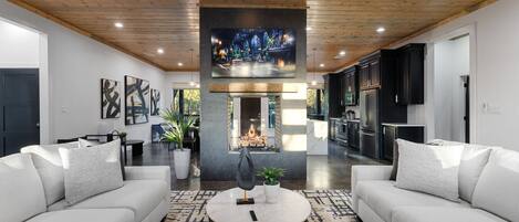 TV connectée, cheminée, jeux vidéo, livres