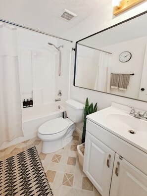 Hair dryer, towels, soap, shampoo