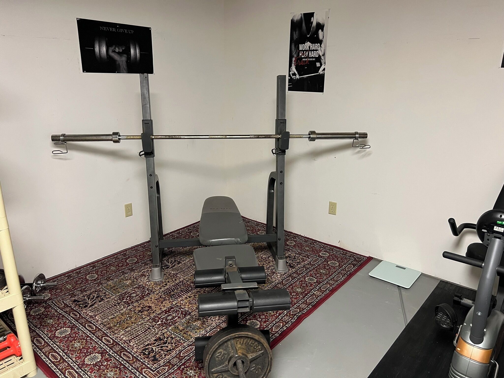 Un gimnasio en casa con una prensa de banca, una jaula para sentadillas y una barra de dominadas.