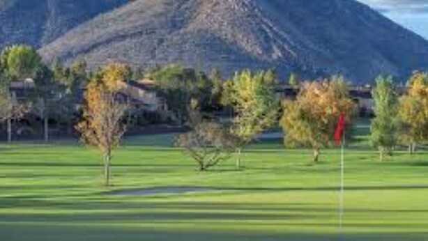Un parcours de golf avec un mât de drapeau, des arbres et une montagne en arrière-plan.