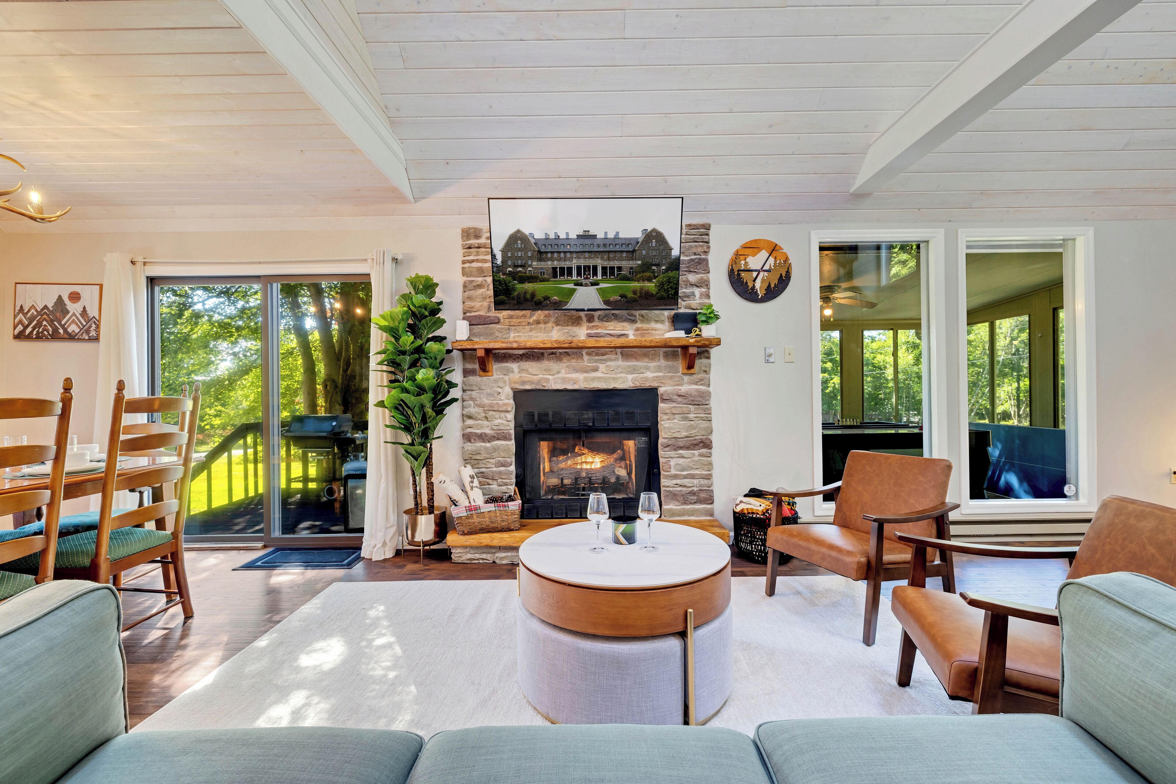 Smart TV, fireplace, table tennis, books