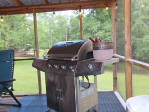 Un espace extérieur abrité comprenant un barbecue en acier inoxydable, une chaise pliante bleue et une table avec un panier.