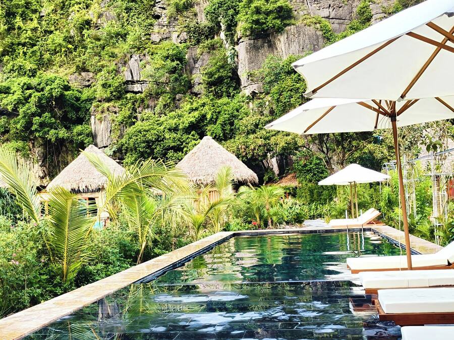 Un área de piscina con sillones de descanso y sombrillas, rodeada de abundante vegetación y cabañas con techo de paja.