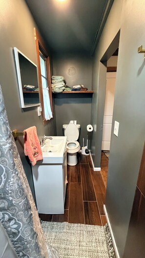 Un bagno con il water, un lavandino e uno specchio sopra il lavandino. È presente un porta asciugamani con un asciugamano appeso.