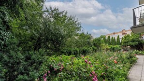 A garden with dense foliage and flowering plants, a paved pathway, and a building in the background. - Old Town Standard Studio (Kraków)