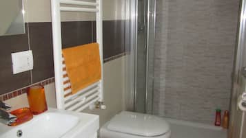 Shower, hair dryer, bidet, towels