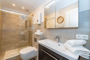 Shower, hair dryer, towels