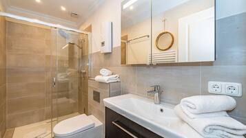 Shower, hair dryer, towels