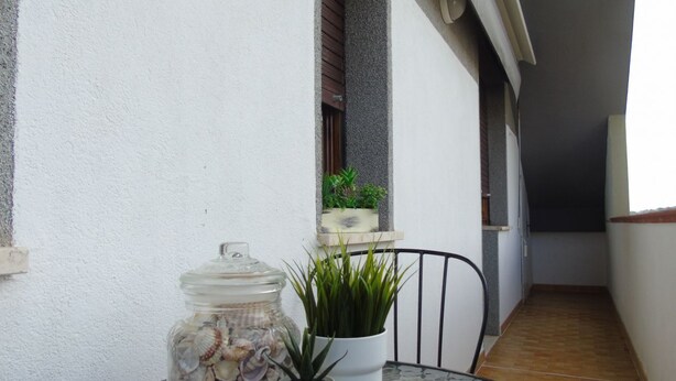A small table with a glass jar of seashells and a potted plant on a balcony with a tiled floor and a white wall.