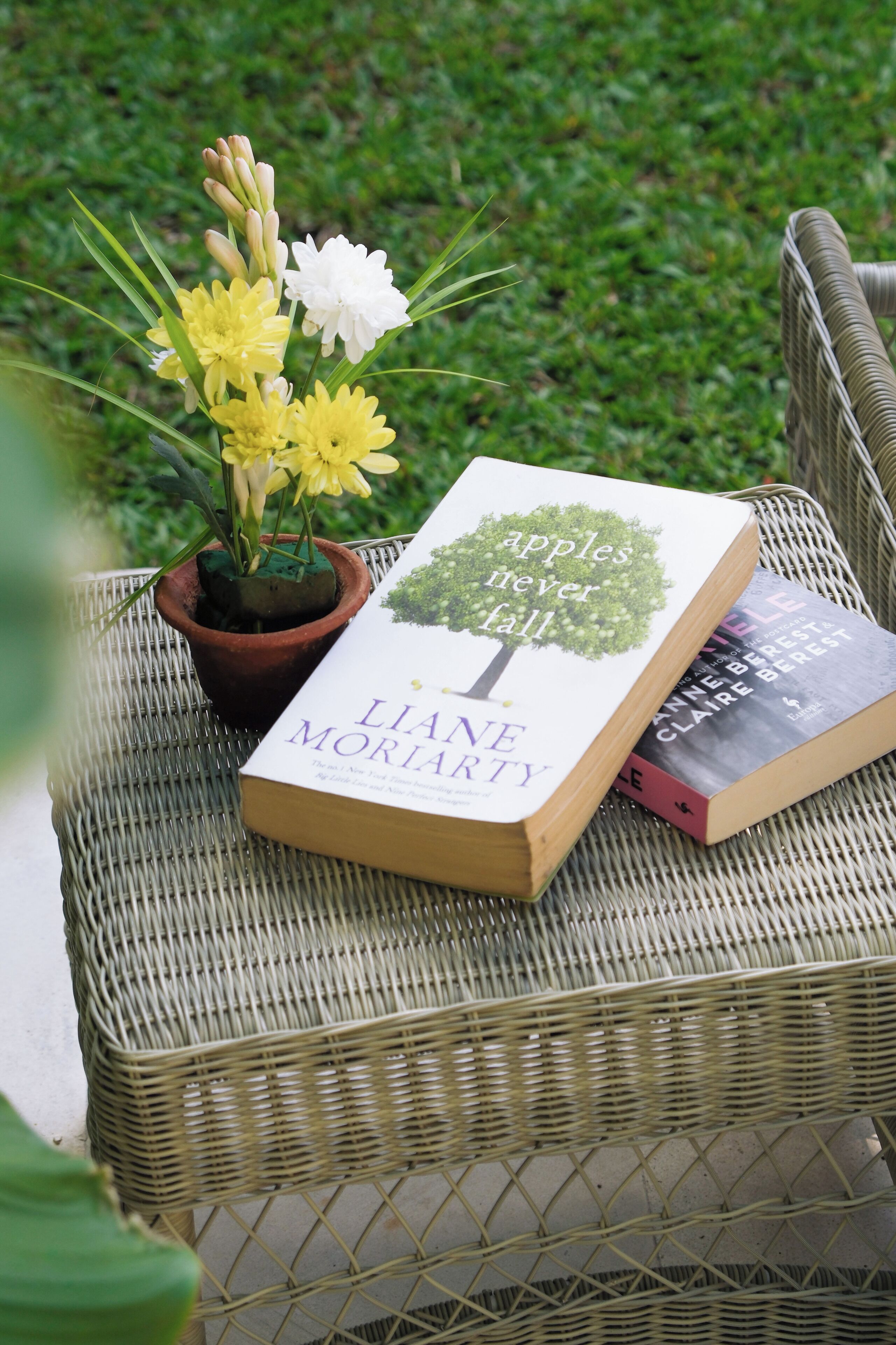 A wicker chair with a book titled 'Apples Never Fall' by Liane Moriarty and another book beside it.