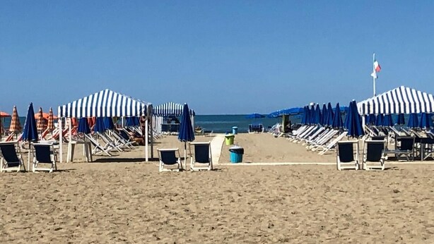 Une plage bordée de rangées de transats et de parasols de plage à rayures.