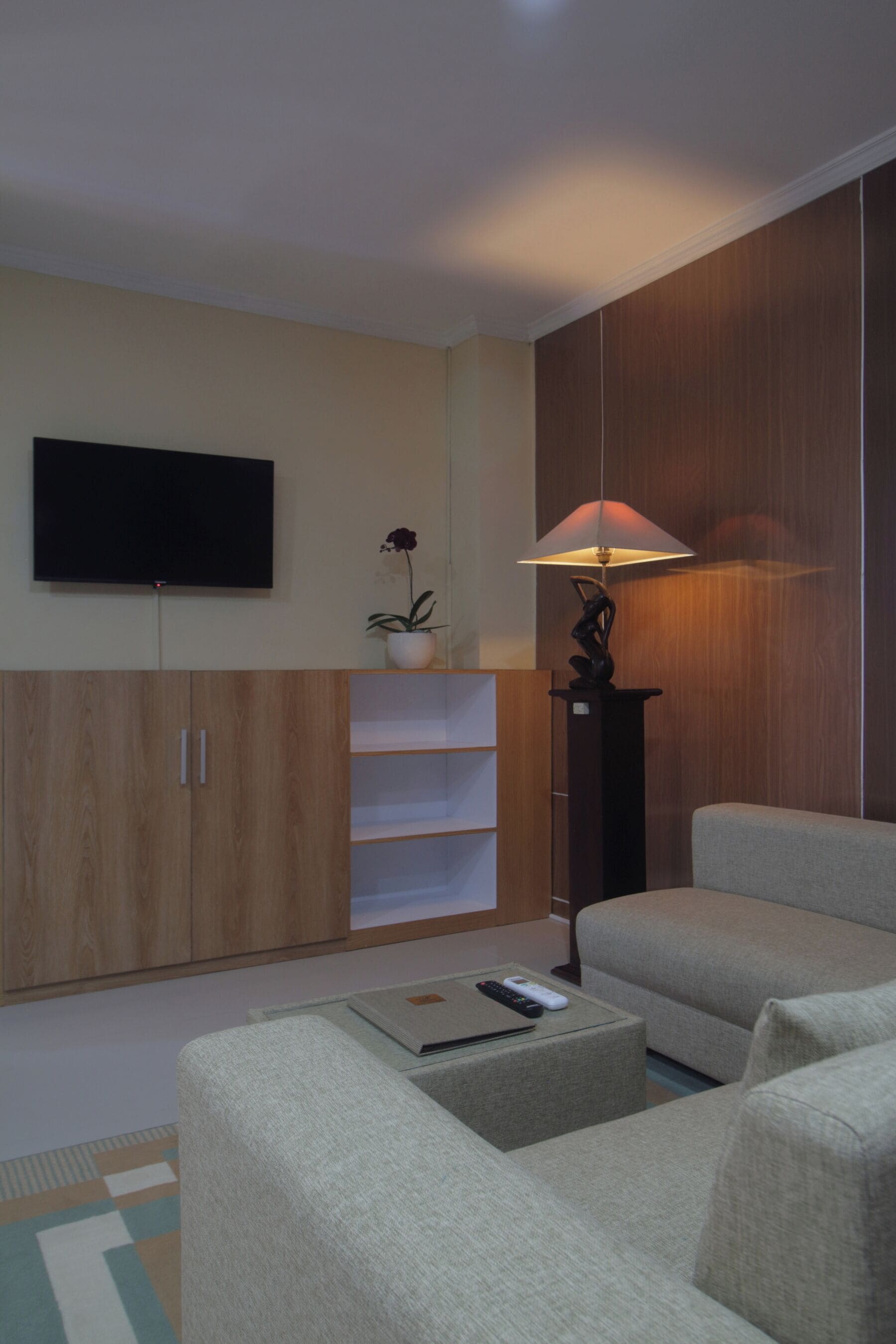 Una sala de estar moderna con una televisión de pantalla plana, un sofá, una mesa de centro, una lámpara y una planta en maceta.