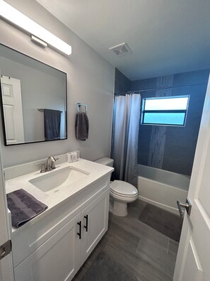 A modern bathroom with a white vanity, a toilet, and a bathtub. - Spacious , comfortable private , heated pool home in Cape Coral central location (Cape Coral)