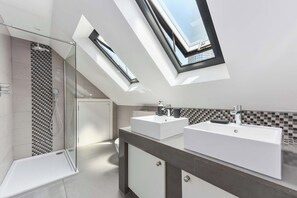Shower, hair dryer, towels