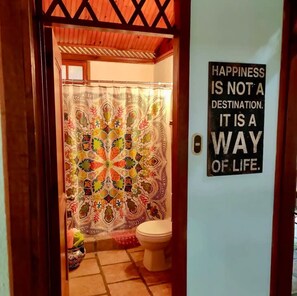 Shower, towels, soap, toilet paper