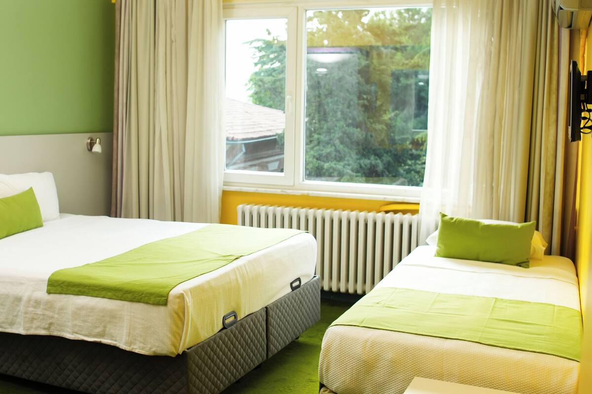 Hotellihuone, jossa on kaksi sänkyä, ikkuna, josta on näkymä vehreään maisemaan, ja patteri.