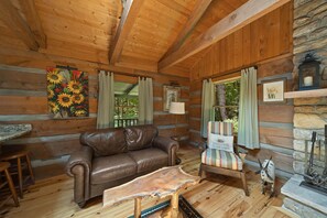 Hytte - flere senge - boblebad - bjergudsigt (Natures Call) | Opholdsområde | Pejs