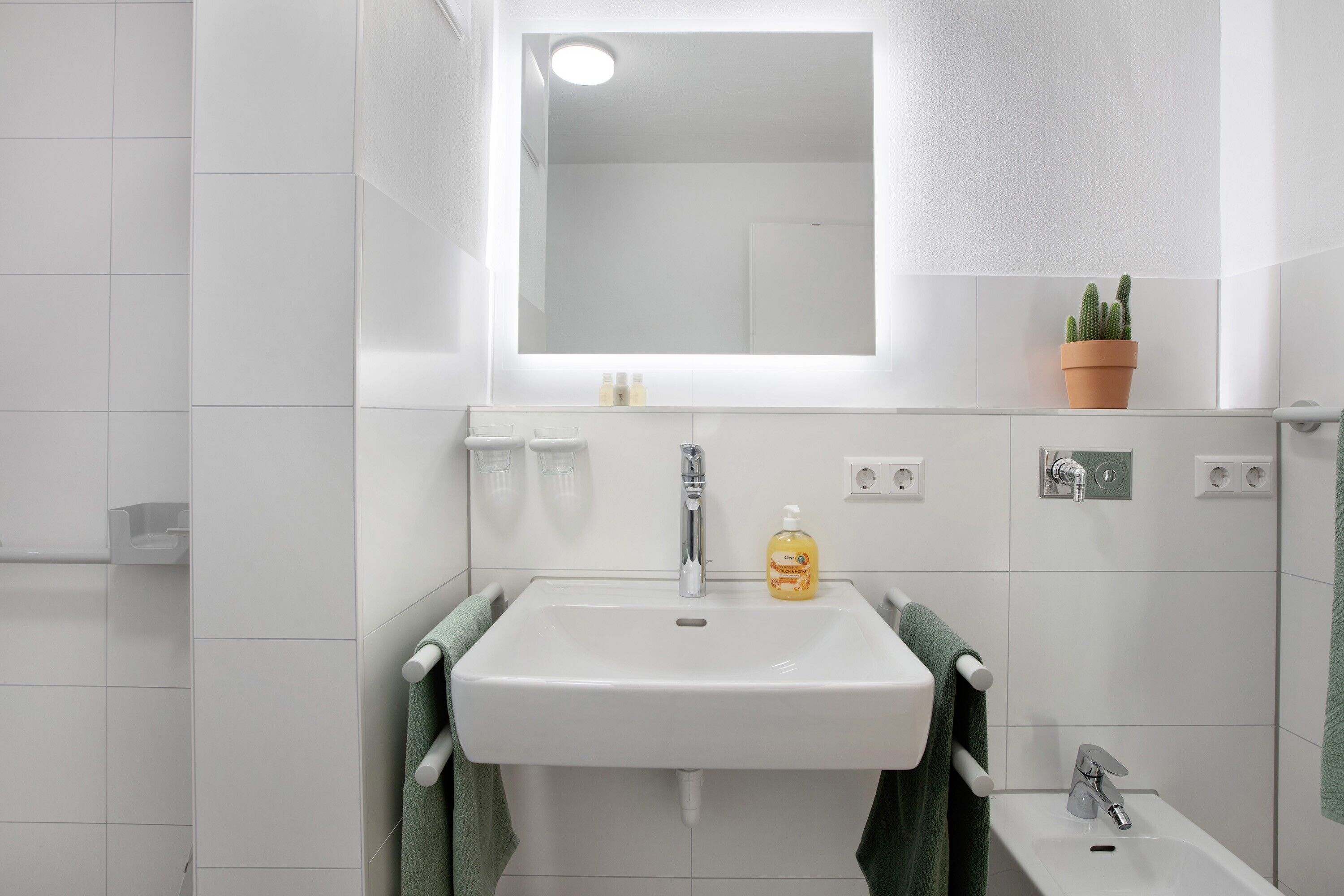 A bathroom with a white sink, a mirror, a green towel, a potted cactus, and a small bottle of soap.