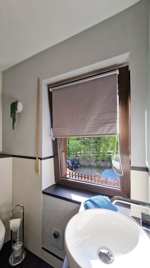 Shower, hair dryer, towels