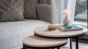 Una sala de estar moderna con un sofá, cojines estampados, una mesa de centro redonda con un libro y una esfera de arena, y un ventanal con vistas a una hamaca.