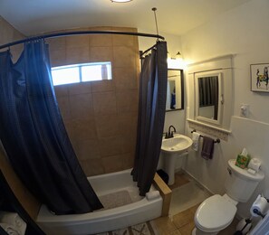 Hair dryer, towels, soap, shampoo