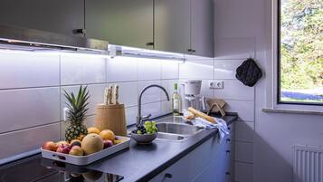 A modern kitchen with a stainless steel sink, a fruit bowl, and a window with a view of greenery.